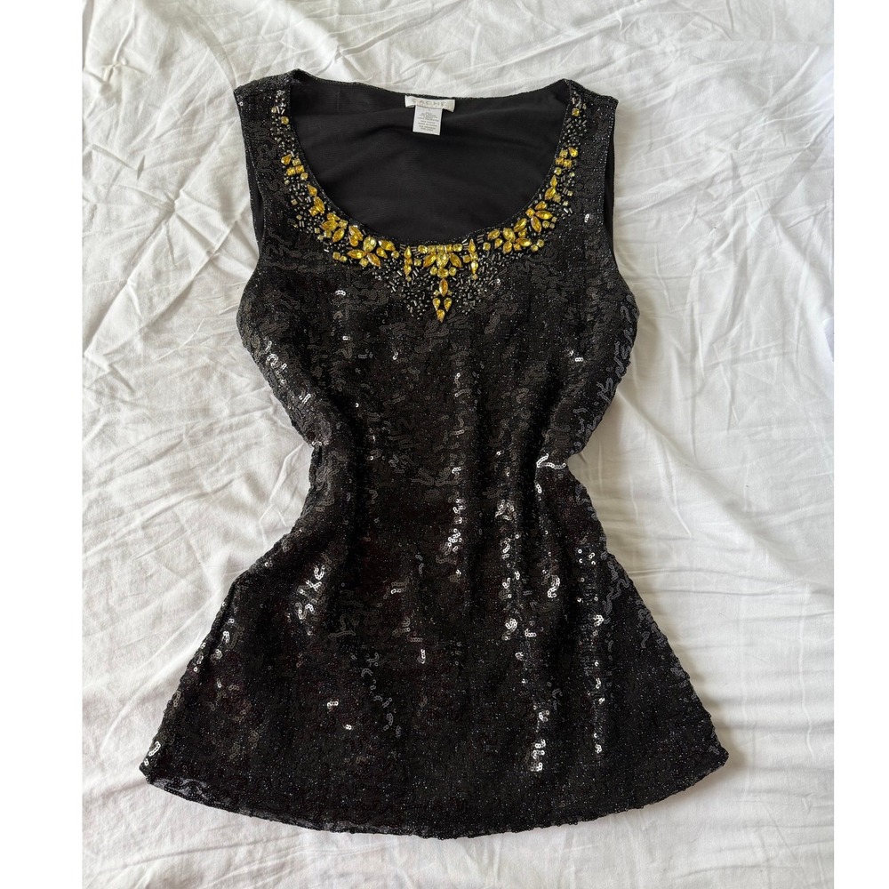 Vintage Y2K 2000s Cache Sequin Top Small Black Gemstone Embellished Neckline - Picture 3 of 8